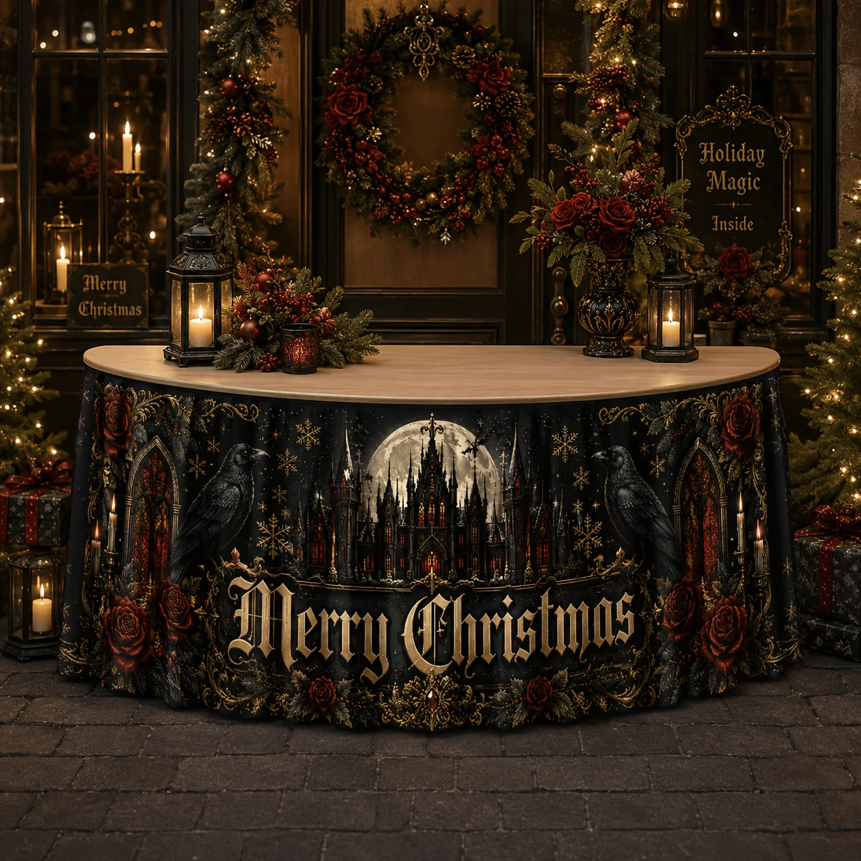 Tablecloth Table Skirt 1 piece, Gothic, Merry Christmas Tablecloth, Black Castle Crow Red Rose Candle Printed Tablecloth