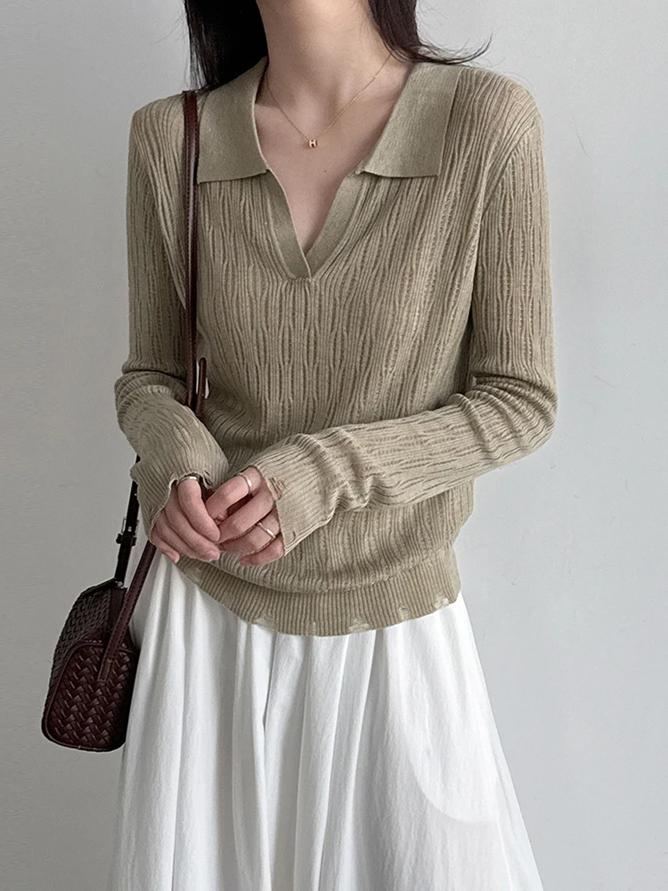 Beige Hollow Out Thin Knitting Sweater V-Neck Long Sleeve Women Pullovers New Fashion Tide Spring Autumn