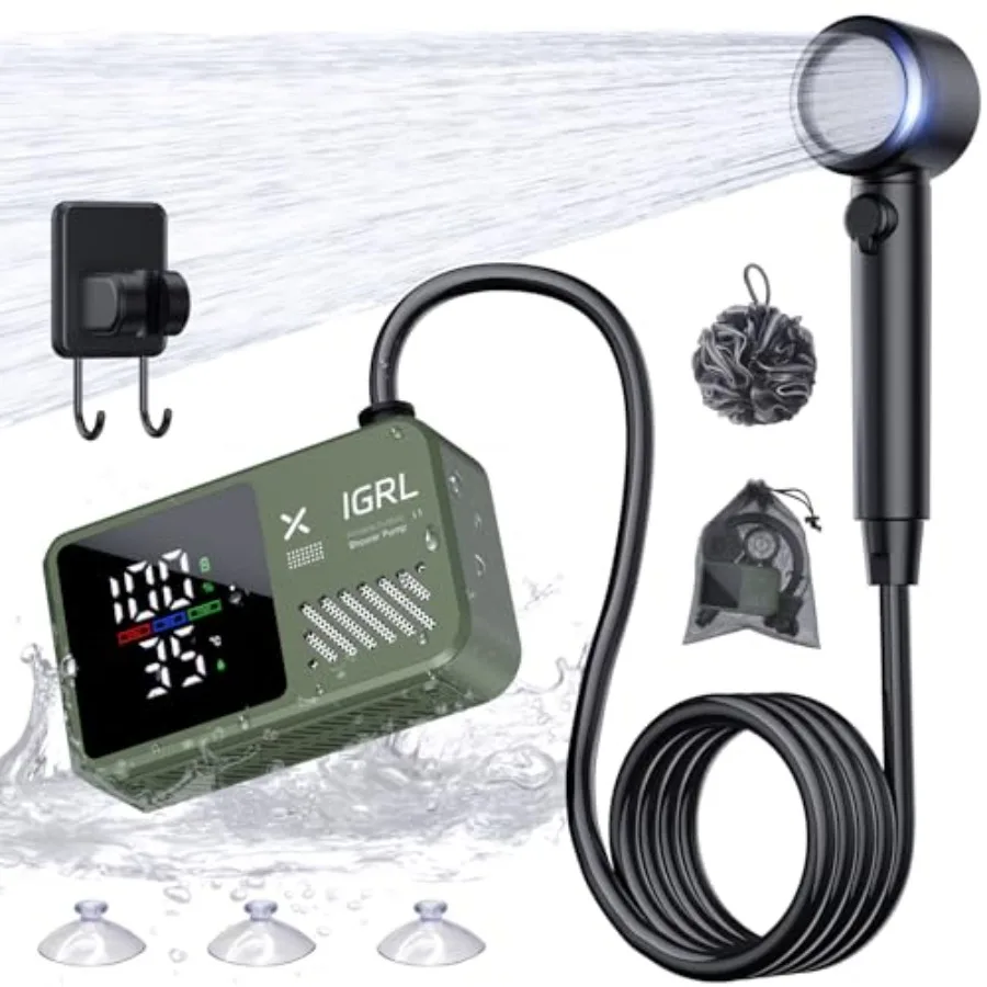 

Portable Shower for Camping Powerful 10L/Min Water Flow Rechargeable Shower Pump with Bath Sponge 4 Spray Modes IPX8 Waterproof