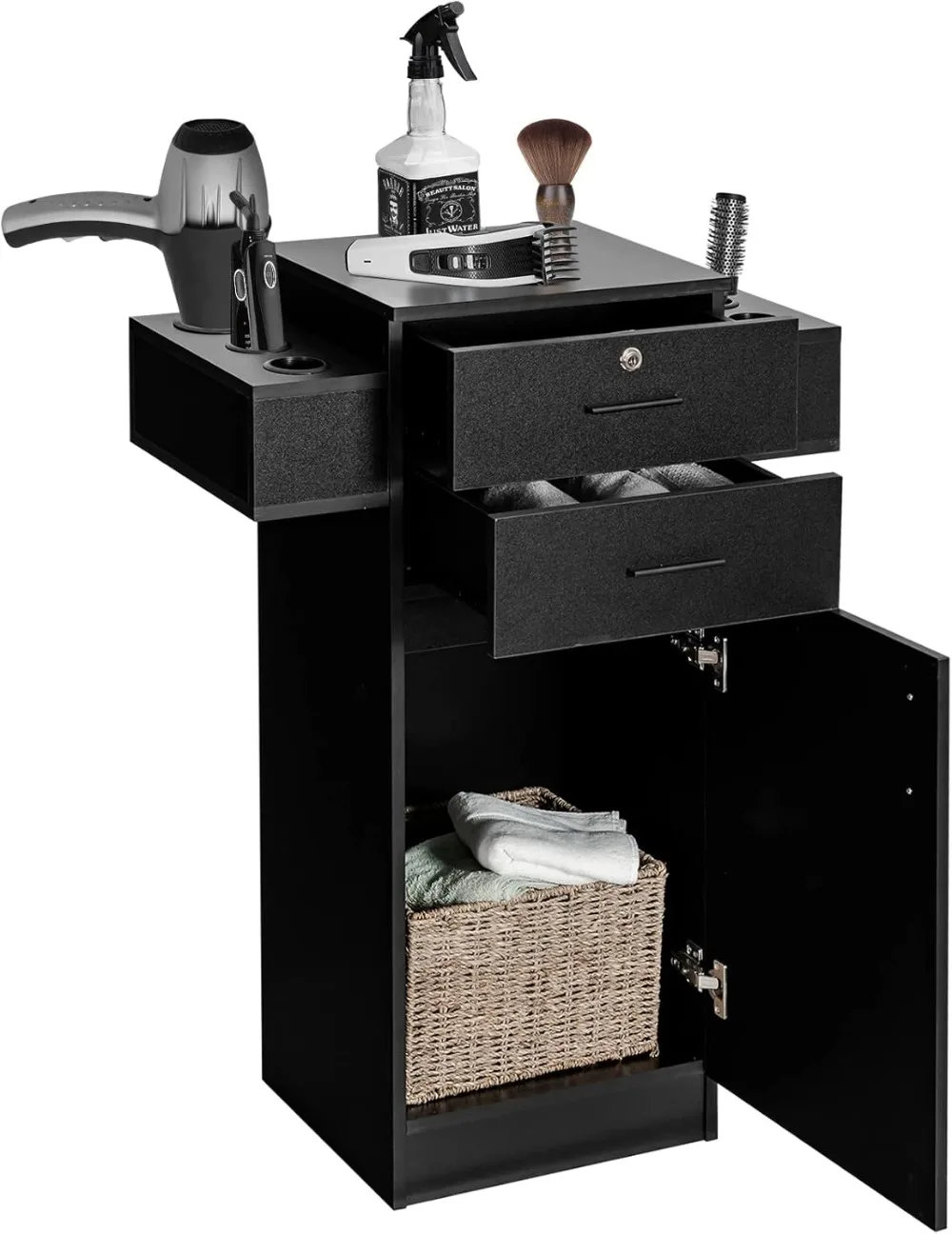 

Beauty Salon Storage Barber Salon Station with 6 Dryer Holders, 1 Lockable Drawer, 1 Cabinet & Anti-toppling Device,