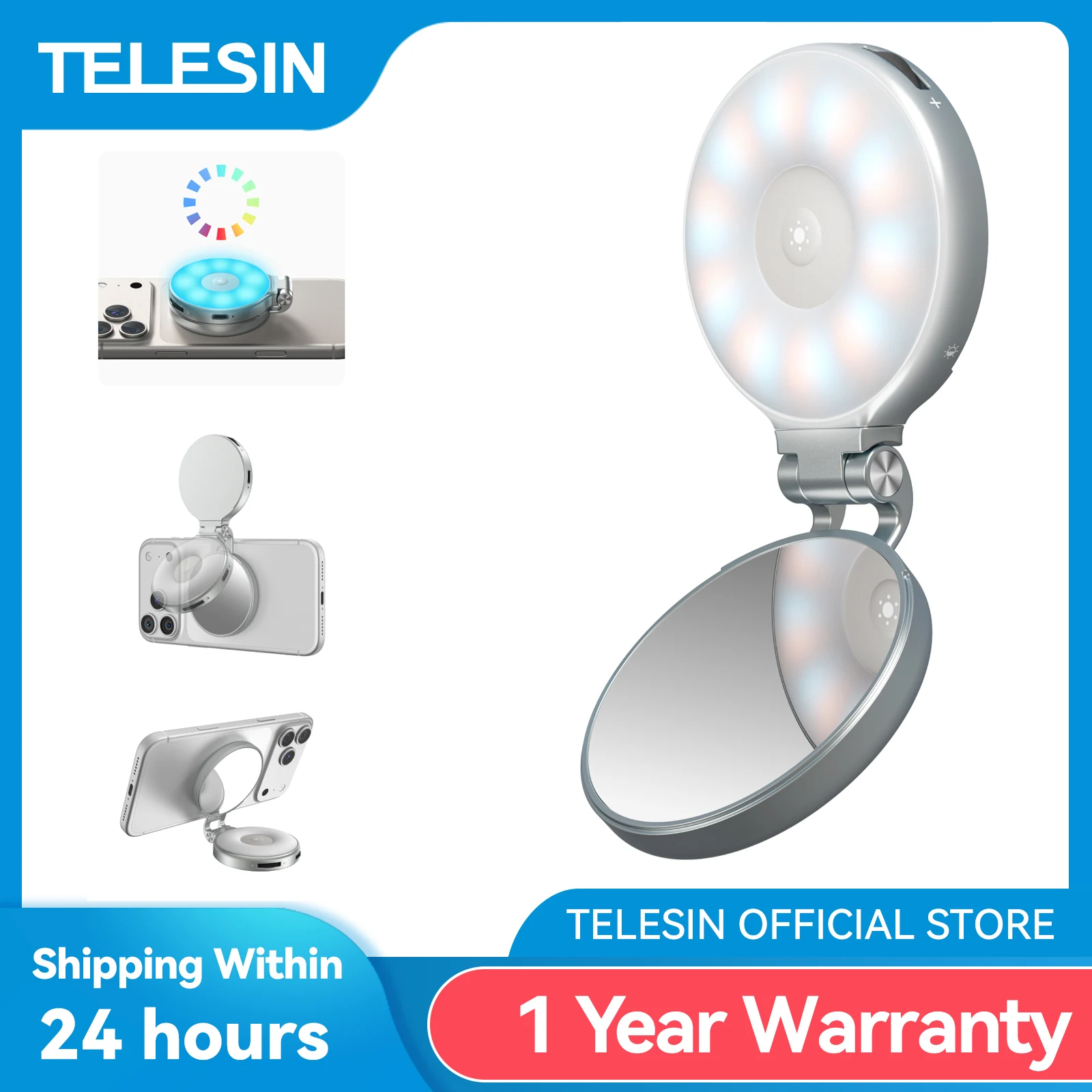 

TELESIN Magnetic 360° Rotation RGB Fill Light Mini Selfie Light 3 Mode Adjustable Color Brightness for Smartphone Iphone Android
