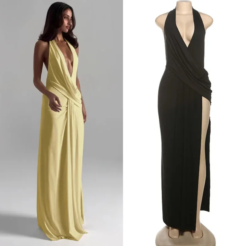 

Sexy Halter Deep V Neck Backless Dress For Women Sleeveless Irregular Maxi Gown With High Split Elegant Clubwear Party Outfits