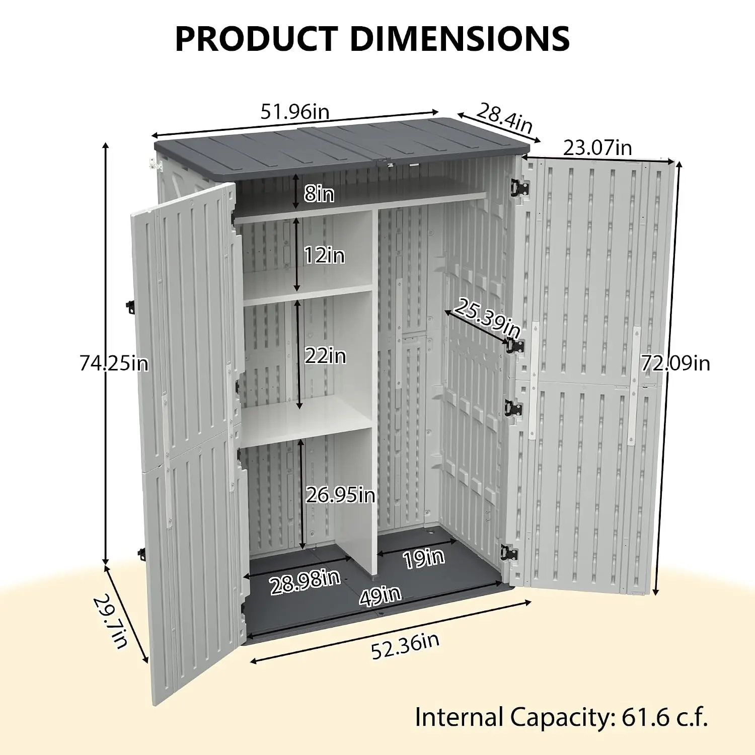 Resin Outdoor Storage Shed 65 Cuft Lockable UV Resistant Removable Shelf, Customized