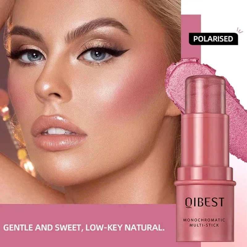 QIBEST 3-in-1 Cheek Blush Stick Lip Tinted Eyes Cheek Lips Brighten Cream Wateproof Long-Lasting Face Contouring Shadow Blusher