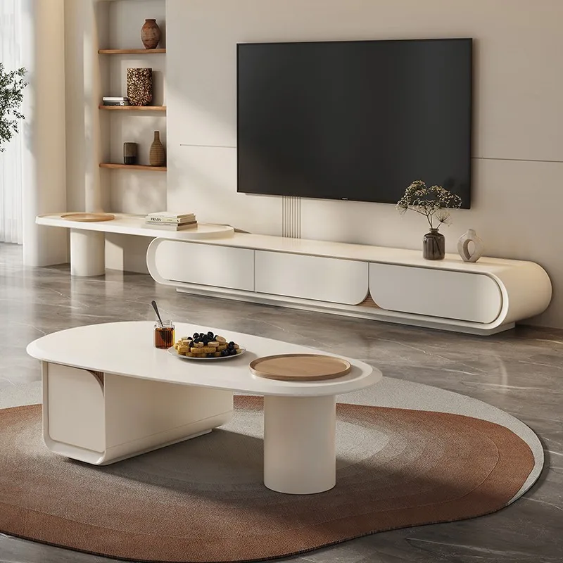 

Cream wind light luxury modern simple retractable coffee table TV cabinet combination Italian living room small