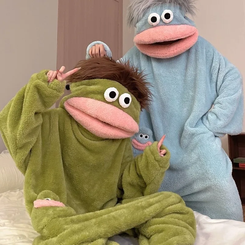 

Cartoon Big Mouth Ugly Fish Onesie Pajamas Thick Coral Fleece Winter Warm Couple Matching Hooded Wearable Outside For Women Men