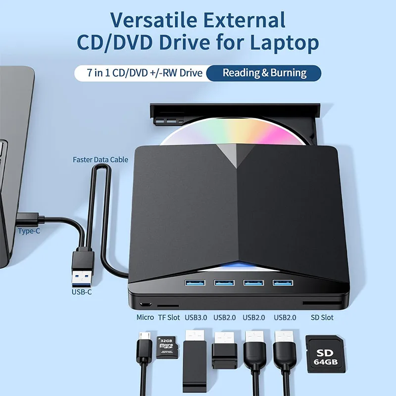 External DVD Drive for Laptop PC Portable CD/DVD ROM Player Burner with SD TF Card Slots USB3.0 Optical Drives