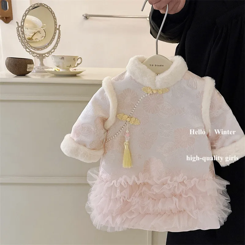 فستان هانفو شيونغسام للفتيات للخريف والشتاء فستان الأميرة الغربي السميك من القطيفة للأطفال #1