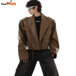 Rivet Punk Short PU Leather Jacket Mens Autumn Street Hip Hop Lapel Loose Pilots Coat Multiple Pockets Motorcycle Outwear New