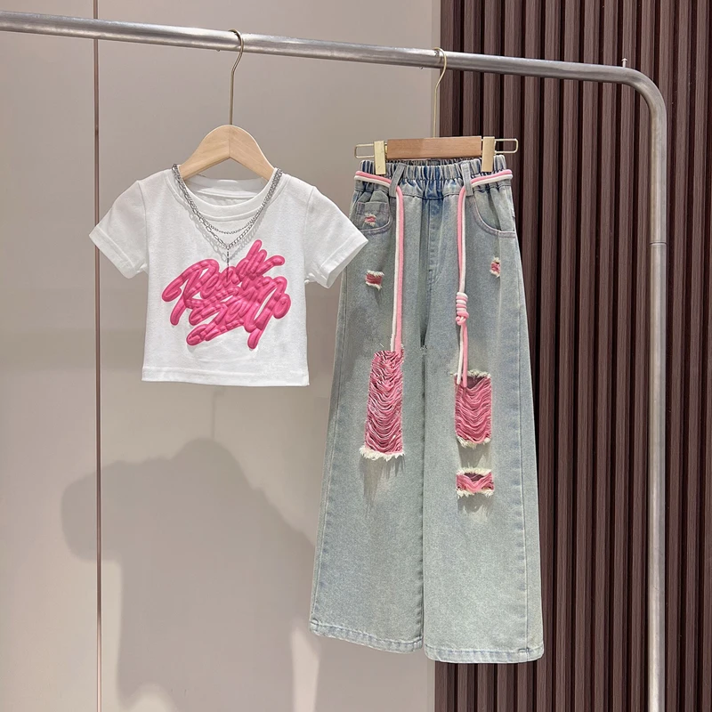 Girls Graffiti T-shirt And Ripped Wide Leg Jeans 2-Piece Set Sweet Cool Casual Spring Summer Outfit for Kids Denim Pants Clothes