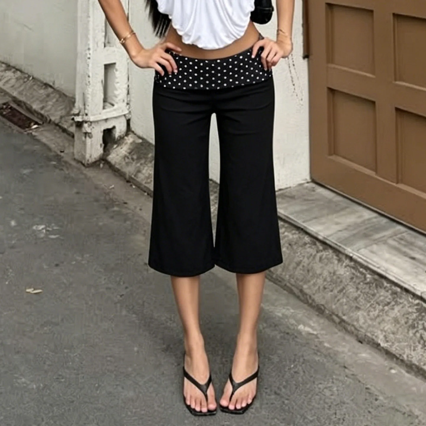 Y2K American Street Polka Dot Contrast Color Splicing Waist Leg Cropped Pants Low Waist Slightly Flared Mid Length Casual Pants