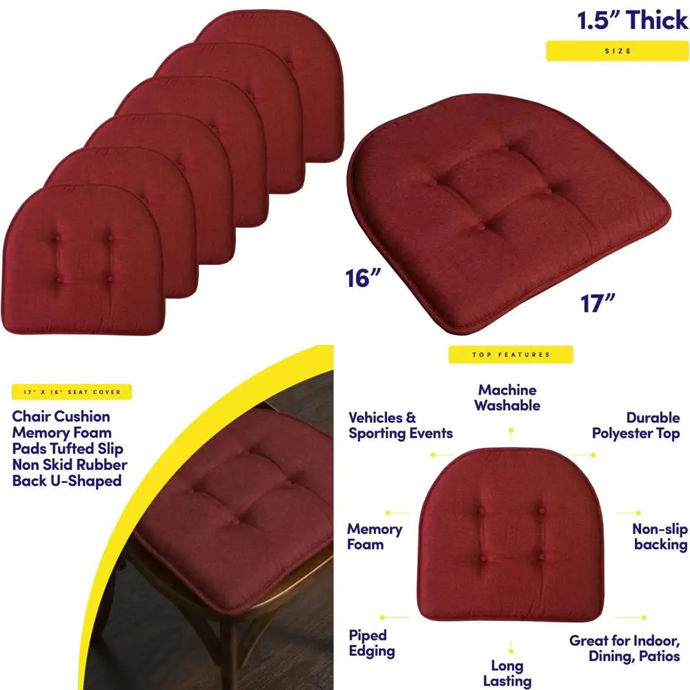 

Подушка для стула, подушечки из пены с эффектом памяти, нескользящая резиновая спинка, U-образный чехол на сиденье 17 x 16 дюймов, 6 шт., винно-бордовый цвет