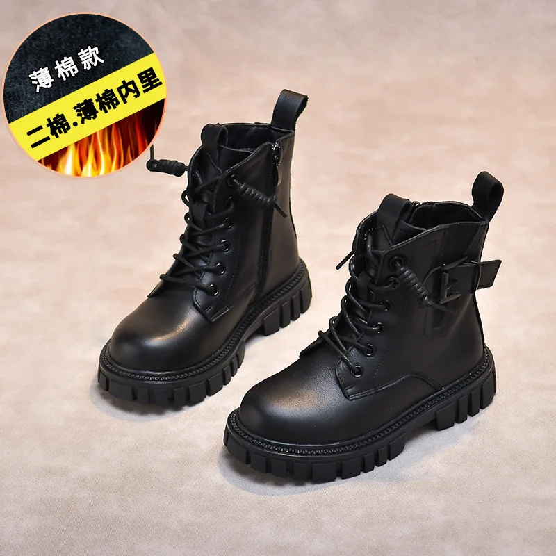

2025 British Style Kids Leather Ankle Boots, Fleece-Lined Black Girls Riding Boots, Fashion Winter Boots for Toddler Girls