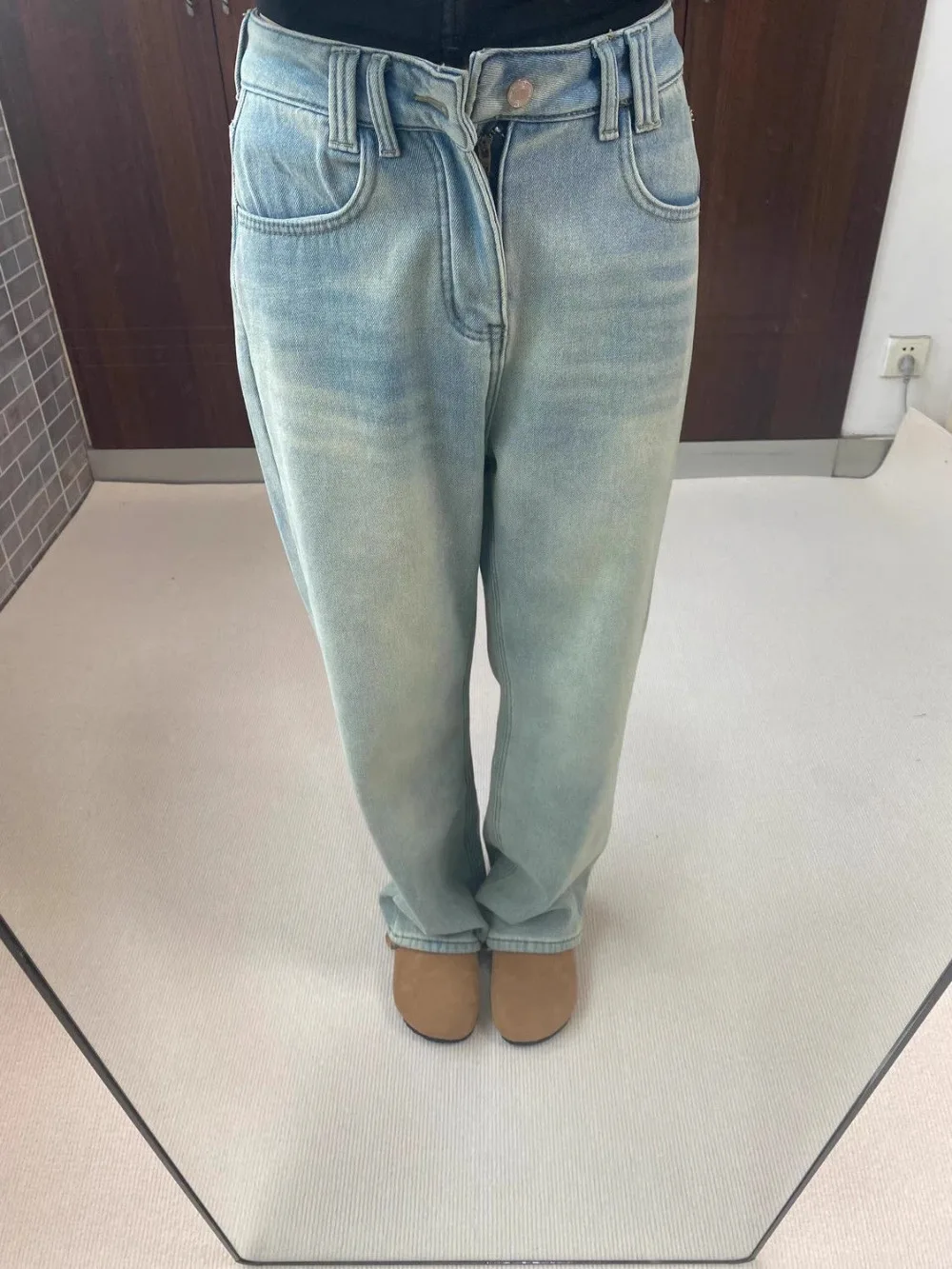 Verdikte fleece wijde pijpen jeans dames hoge taille rechte snit skinny retro blauwe vloerlengte broek veelzijdige casual denim broek