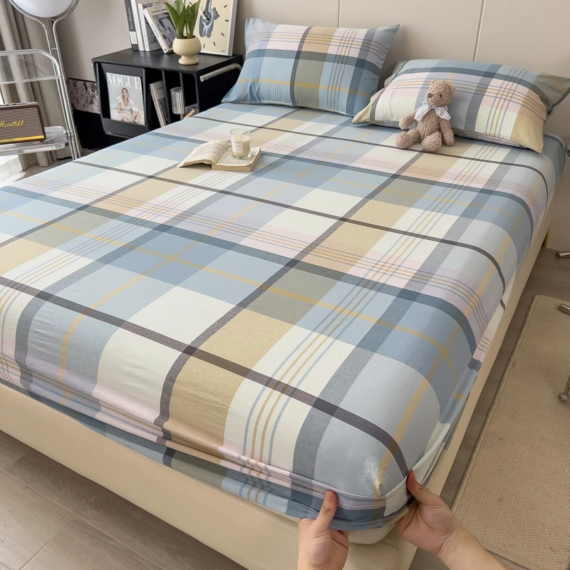 

New Single-item Bedding All Cotton Yarn-dyed Washed Cotton Mattress Cover Plaid Sheet Cover with Elastic 360 Degree Wrap 180x200