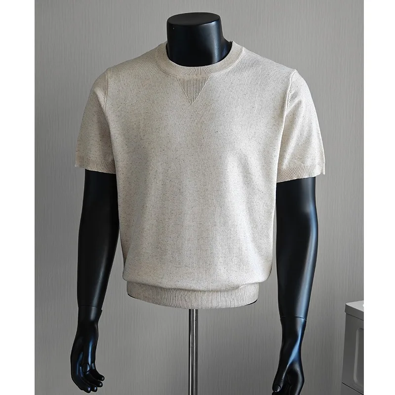 

Classic Versatile Round Neck Knitted T-shirt for Men Summer Short Sleeve Casual Business Tshirts Ice Silk Breathable Base Shirt