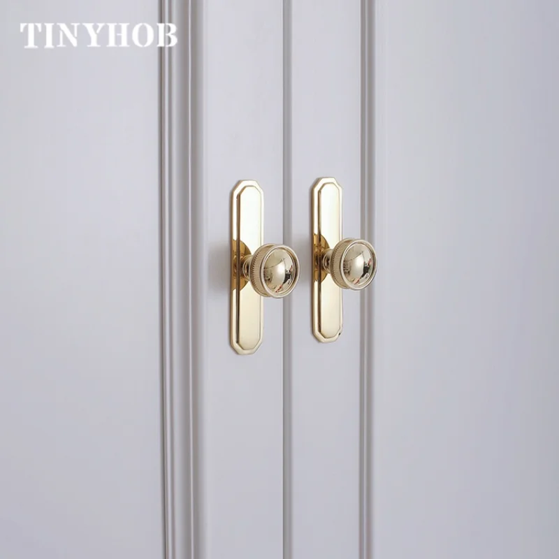 Glossy Gold Solid Brass with Plate Drawer Knobs Furniture Handles Cupboard Drawer Pull Kitchen Cabinet Door Wardrobe Handle