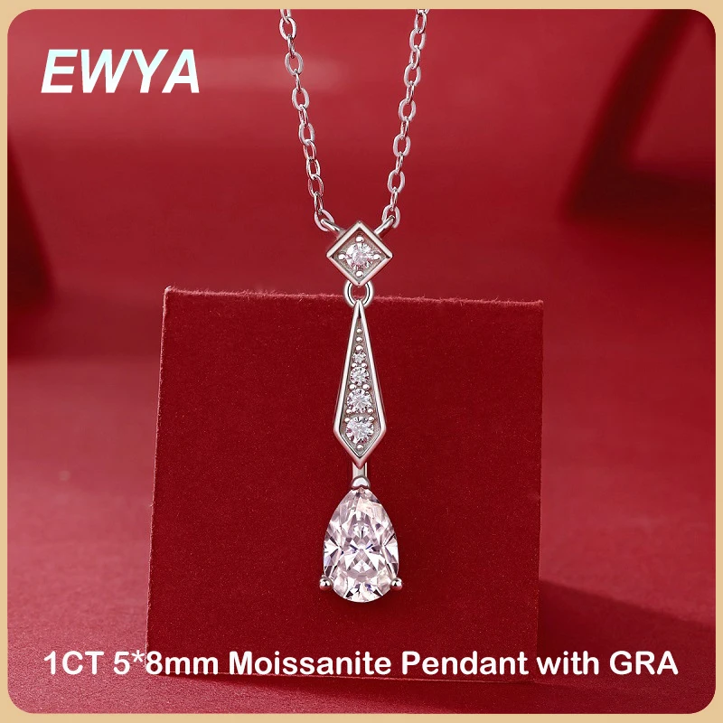 

EWYA Trendy Real D Color 1CT Pear Cut Moissanite Pendant Necklace for Women S925 Silver Water Drop Diamond Neck Chain Necklaces