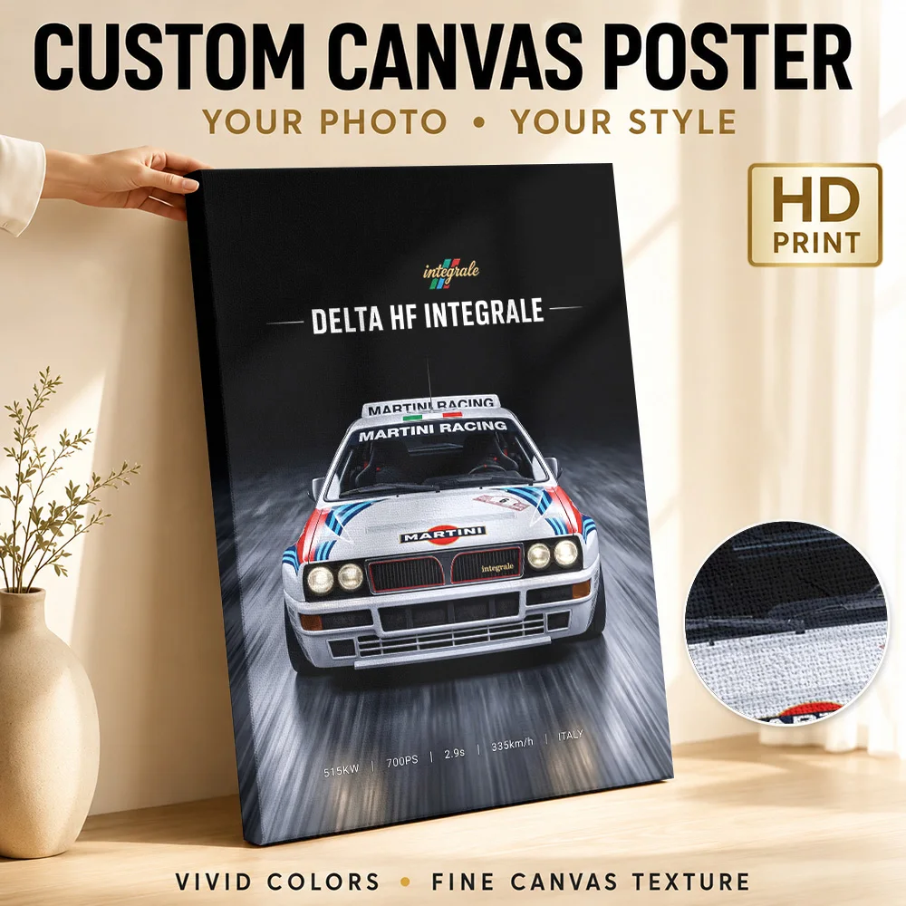 Sleek Italian Delta HF Integrale Car Canvas Print Poster Personalized Photo Modern Minimalist Style Canvas Wall Art Garage Decor