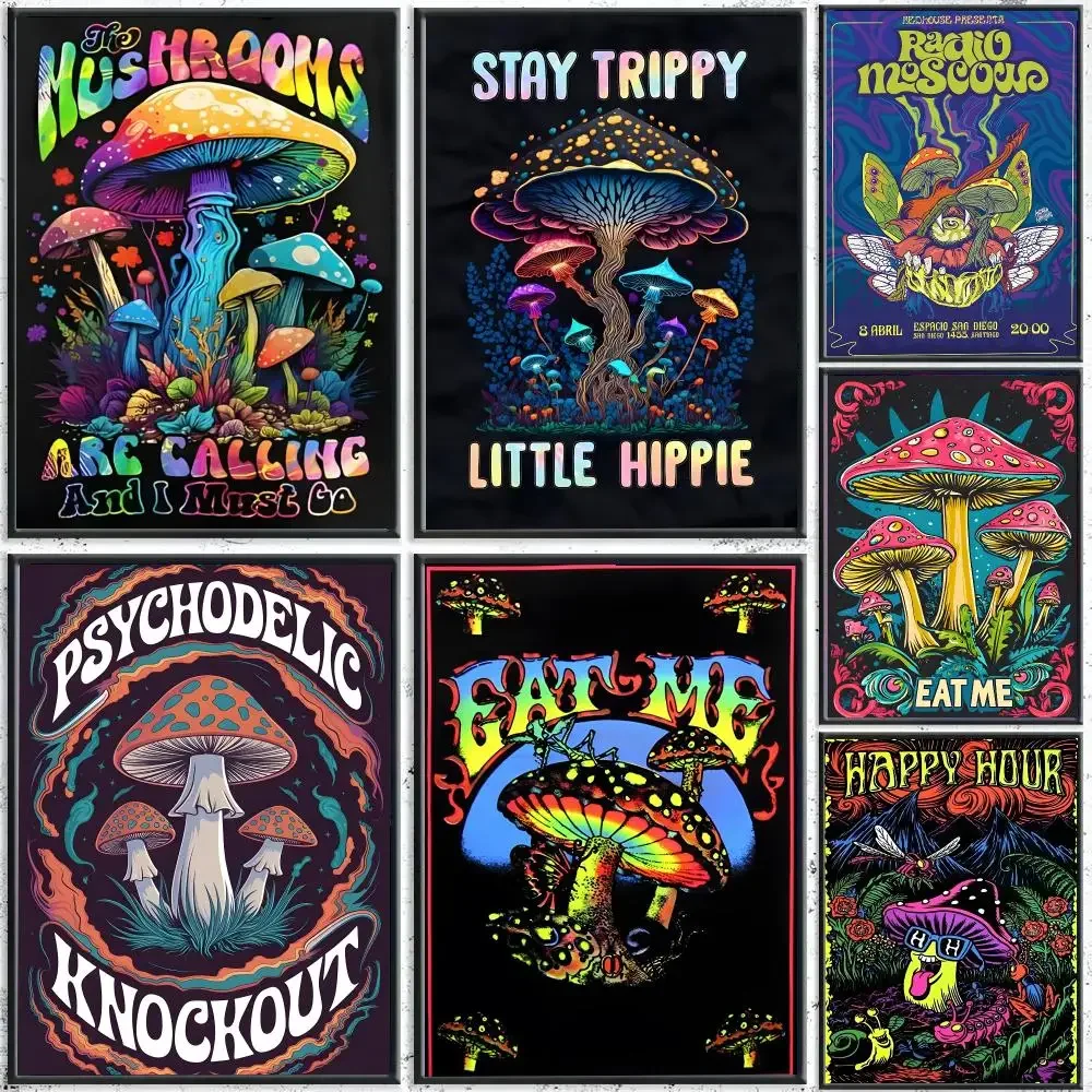 Art 80S Trippy Psychedelic Mushroom Whitepaper Poster Self-adhesive Living Room Bedroom Party Bar Decor Moisture-proof
