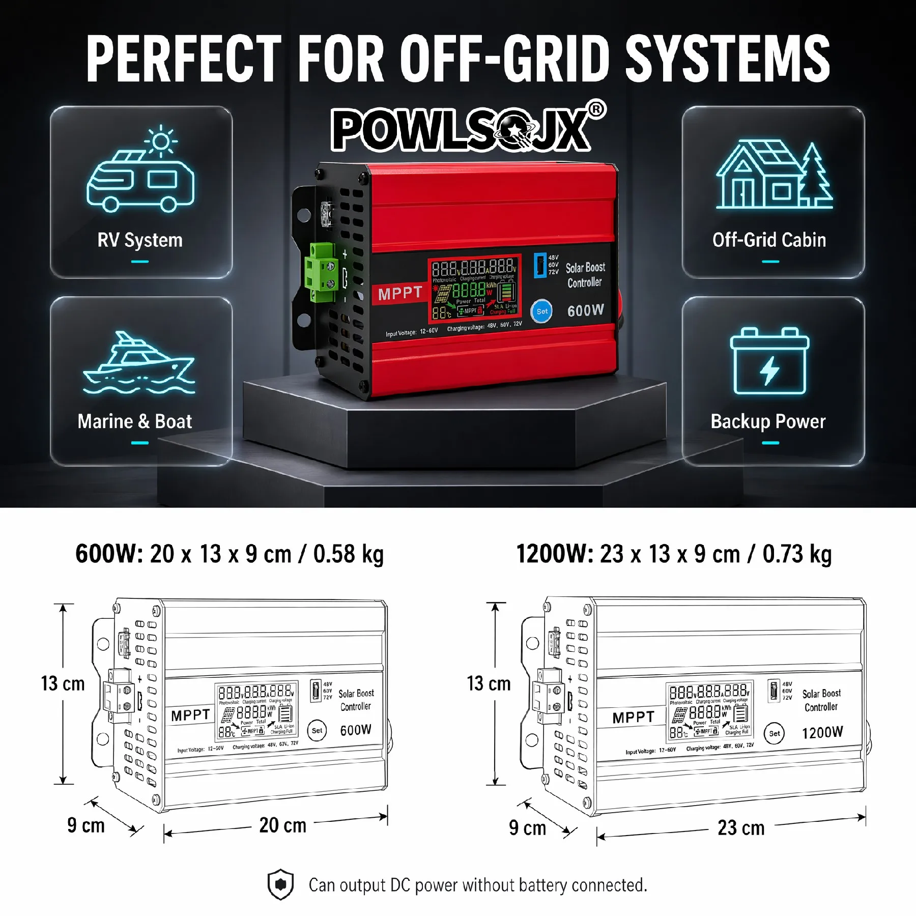 POWLSOJX 1200W MPPT Solar Boost Controller with Lithium Battery Activation — DC 12-60V Boost to 48V/54.7V/58.4V/58.8V/60V/72V