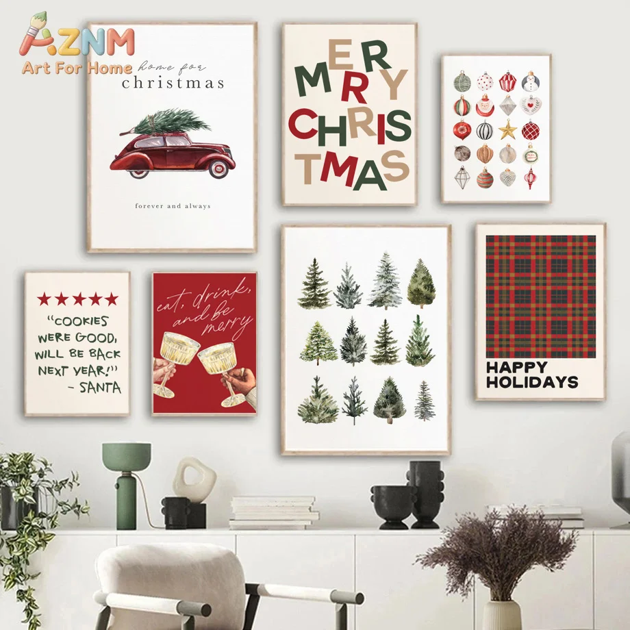 AZNM Frameless Canvas Poster Vintage Red Car Christmas Tree Print, Merry Christmas Plaid Bauble Text Wall Art Picture for Xmas H