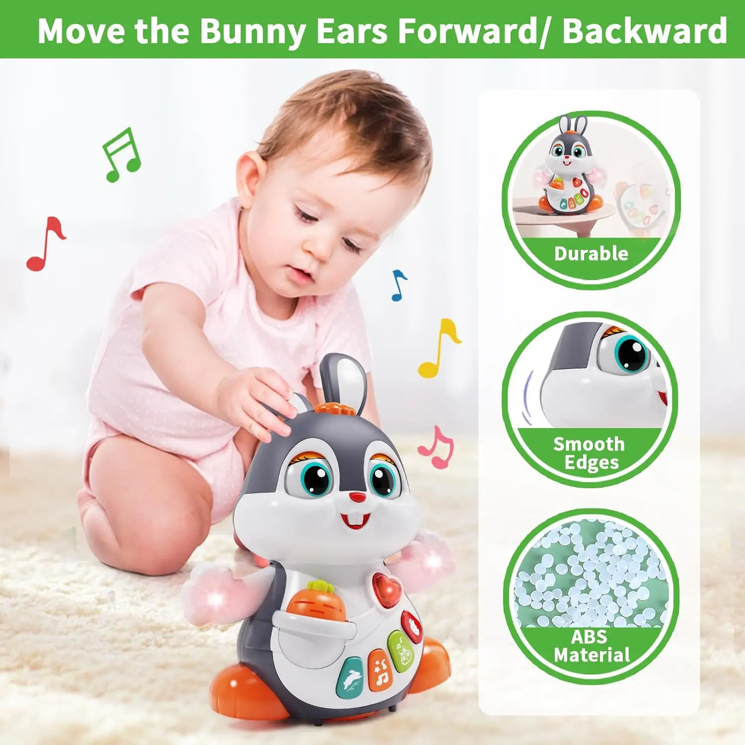 Musical Easter Bunny Toy, Dancing Crawling Tummy Time with Lights, Infant Learning Easter Gift & Basket Stuffer for Boys Girls view 4