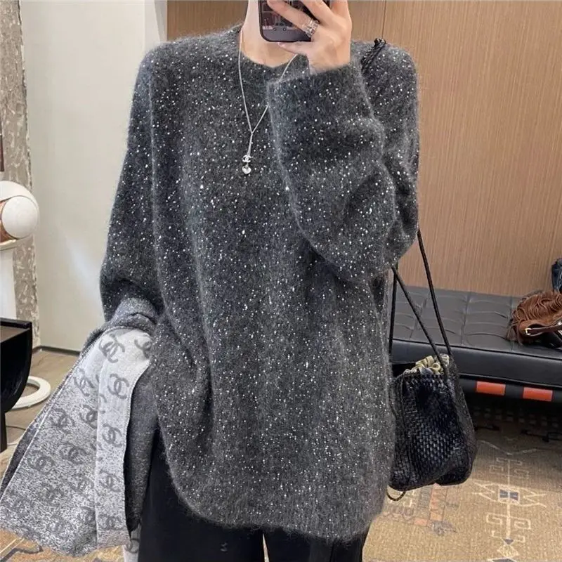 

Women's Clothing Gray Round Neck Mid Length Pullover Sweater for Women Autumn Winter Lazy Style Loose Soft Comfort Knitted Top
