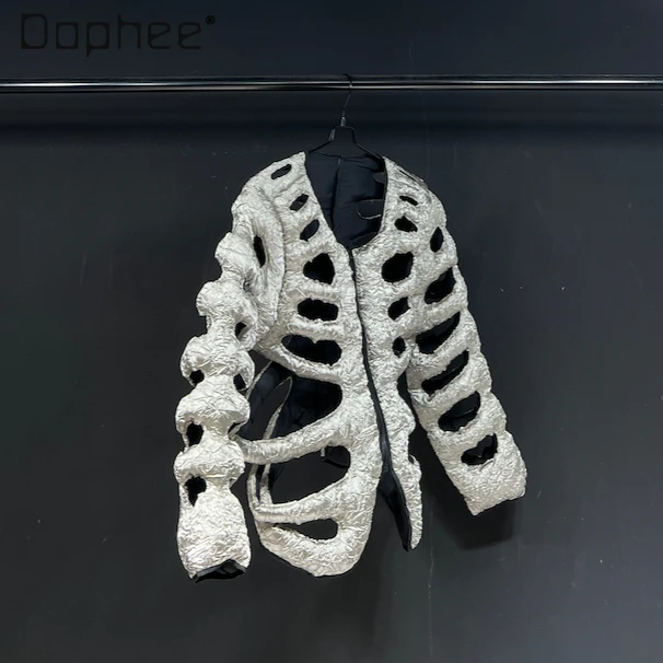 Skeleton Silver Cotton Padded Jacket Personality High Street Long Sleeve Hollow Out Vest Coats Men and Women Party Club Perform