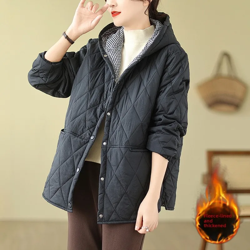 

plus Size Women's Autumn Winter Cotton Jaet Lightweight Warm Loose Slimming Diamond Patterned Hooded ort Trendy Outerwear