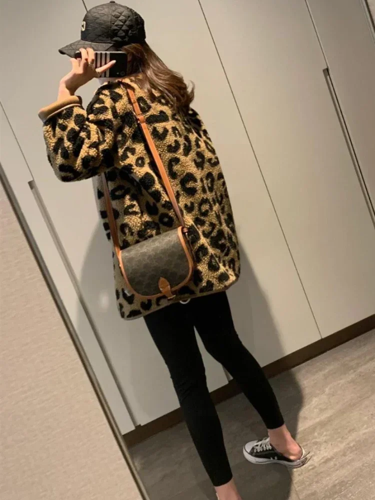 2024 Casual Jackets for Women Single Breasted Faux Fur Leopard Print Long Sleeve Winter Clothes Women Coats Outerwear Streetwear