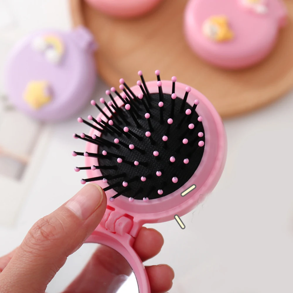 Cute Cartoon Folding Hair Comb with Cosmetic Mirror for Girls Air Cushion Massage Portable Comb Kids Dress Up Makeups Gifts