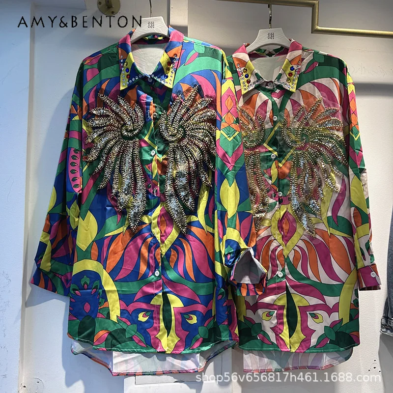 

Блузка в европейско-американском стиле с объемным бисерным принтом «Крылья», свободного кроя, с длинными рукавами, модная повседневная рубашка, топ, новая весенняя модель