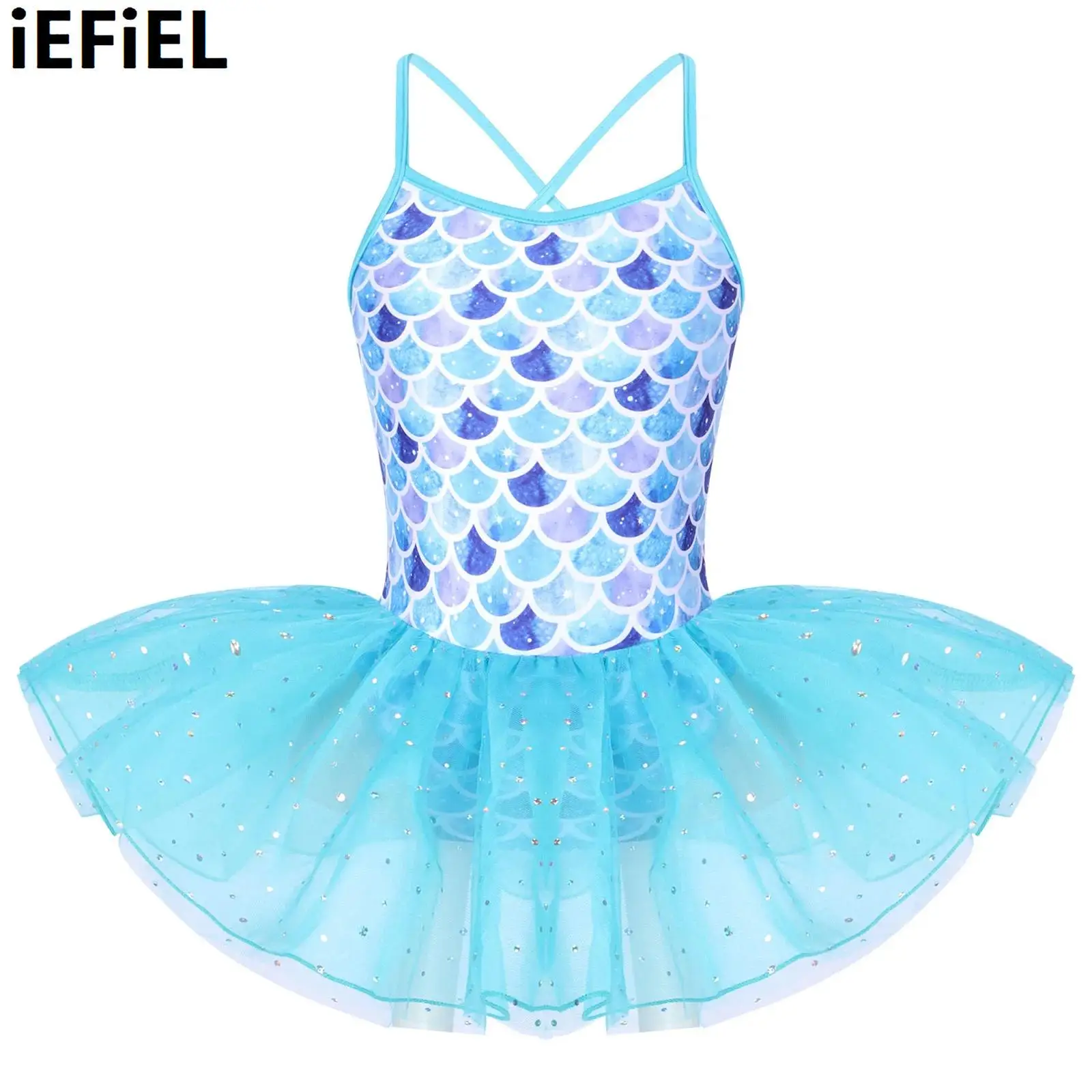 

Kids Girls Glitter Mermaid Tutu Dance Dress Spaghetti Shoulder Straps Scales Pattern Printed Ballet Dance Gymnastics Dress