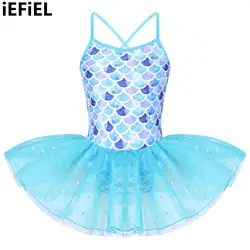 Kids Girls Glitter Mermaid Tutu Dance Dress Spaghetti Shoulder Straps Scales Pattern Printed Ballet Dance Gymnastics Dress