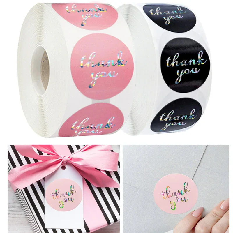 Laser Thank You Stickers Black/Pink Round Labels Sticker For Baking Handmade Wedding Packaging Gift Waterproof Paper Seal Label