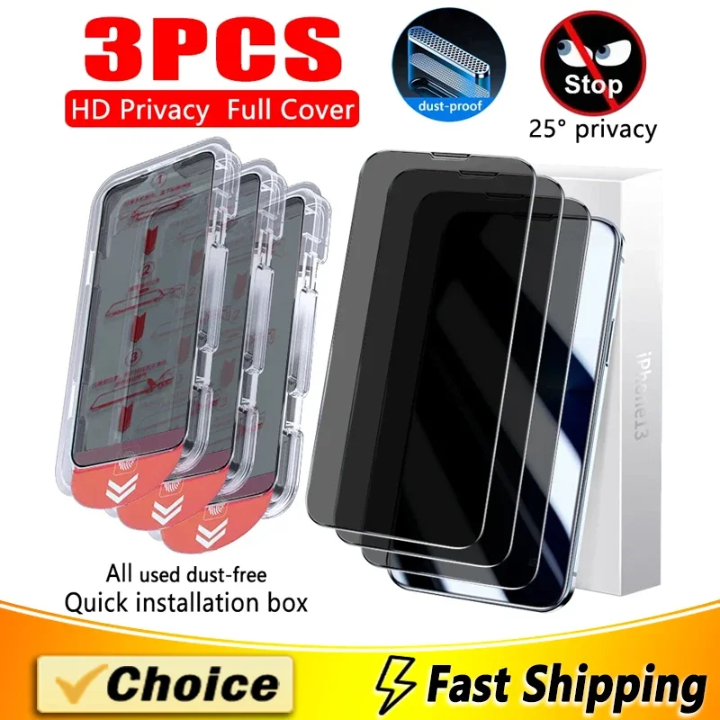 

3Pcs HD Protect From Privacy Dust Free Installation Screen Protector for iPhone 11 12 13 14 15 Pro Max XS MAX X Tempered Glass