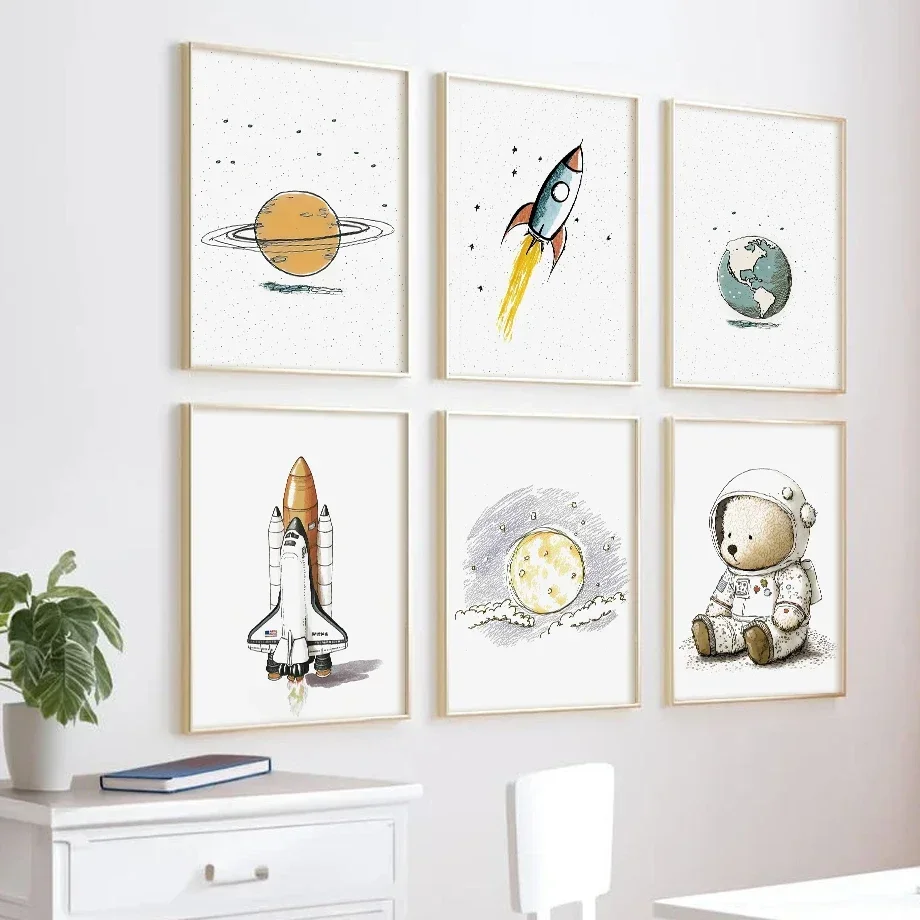 صاروخ القمر الأرض الفضاء الدب رائد الفضاء الكرتون الملصقات من جدار الفن مجموعة قماش يطبع صور Kawaii الطفل غرفة الاطفال ديكور المنزل