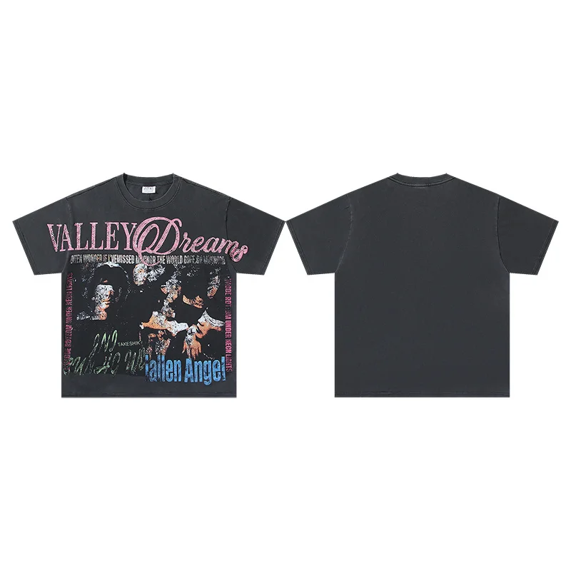 Hot Drill Letter VALLEY Mens T-Shirts Men Women 1:1 Best Quality Black Washed Pure Cotton Vale Womens Short Sleeves