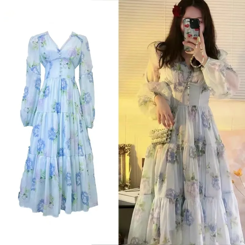 Printing Designer Dress For Women V Neck High Waist Lantern Sleeve Loose Elegant Female Spring Autumn 2024