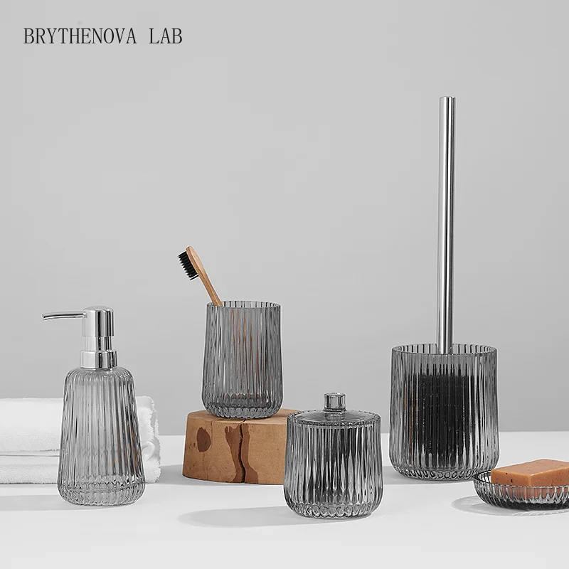 1pc Glass Bathroom Accessories Set Restroom Liquid Soap Bottle Cup Mouth Cotton Swab Box Dish Toilet Brush Washing Tools