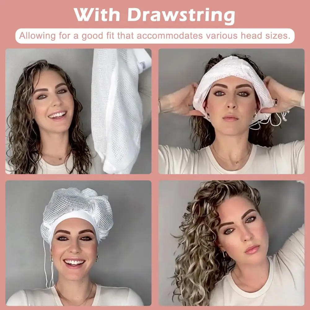 قبعة شبكية قابلة للتعديل مع رباط للشعر المجعد، قبعة ناشرة للشعر المجعد سريعة الجفاف