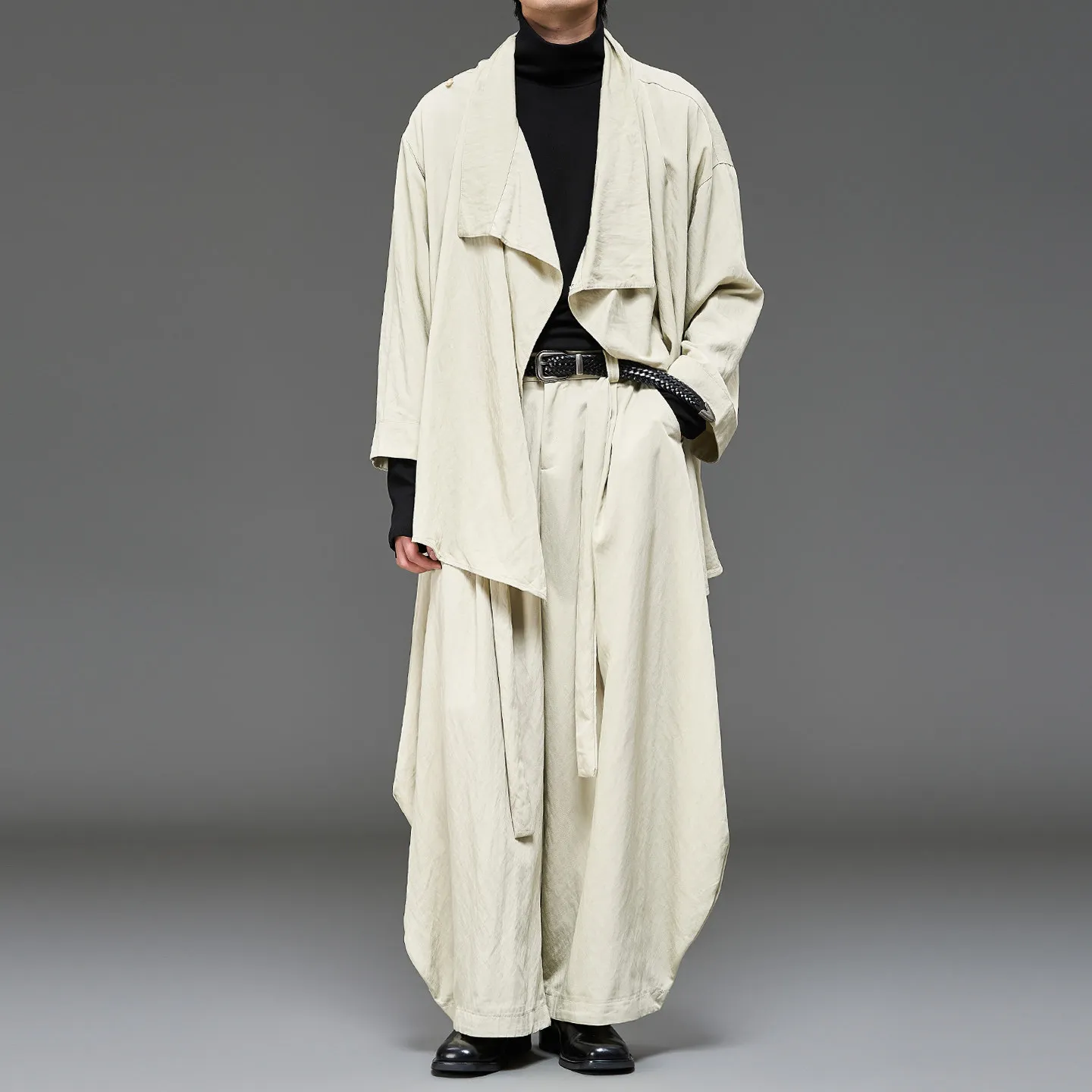 Japanese-Style Retro Cardigan Robe Suit Men's Spring and Autumn Apricot Simple Black Cut Loose Jacket Coat