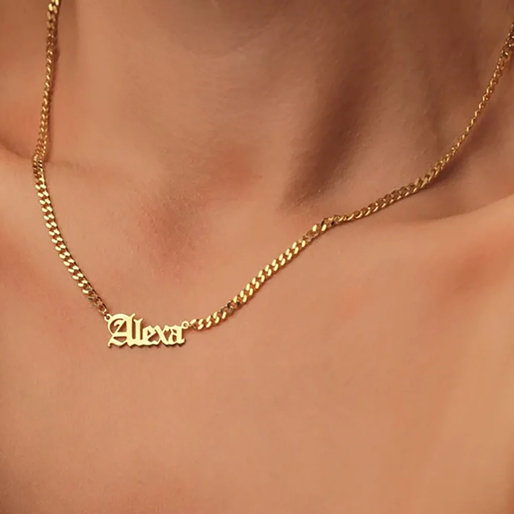Colar de aço inoxidável inglês antigo personalizado para mulheres nome personalizado carta pingente cuba corrente colar masculino jóias vintage