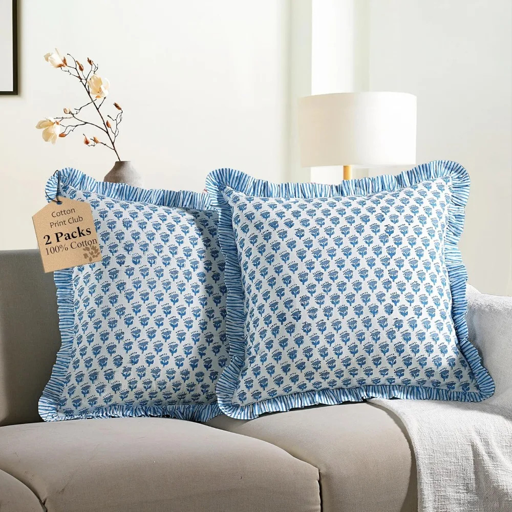 

CPC Blue Ruffle Pillow Covers, 18x18 Inches Cotton Stripe Couch Pillows, Hidden Zipper for Living Room Decor