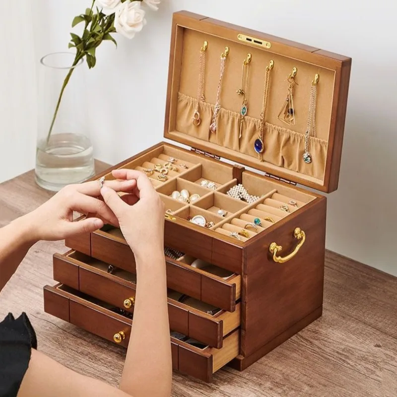 

Exquisite Jewelry Box Household Rings Organizer Boxes Large Capacity Jewellery Case Jewelers Solid Wood Trinket Storage Cases