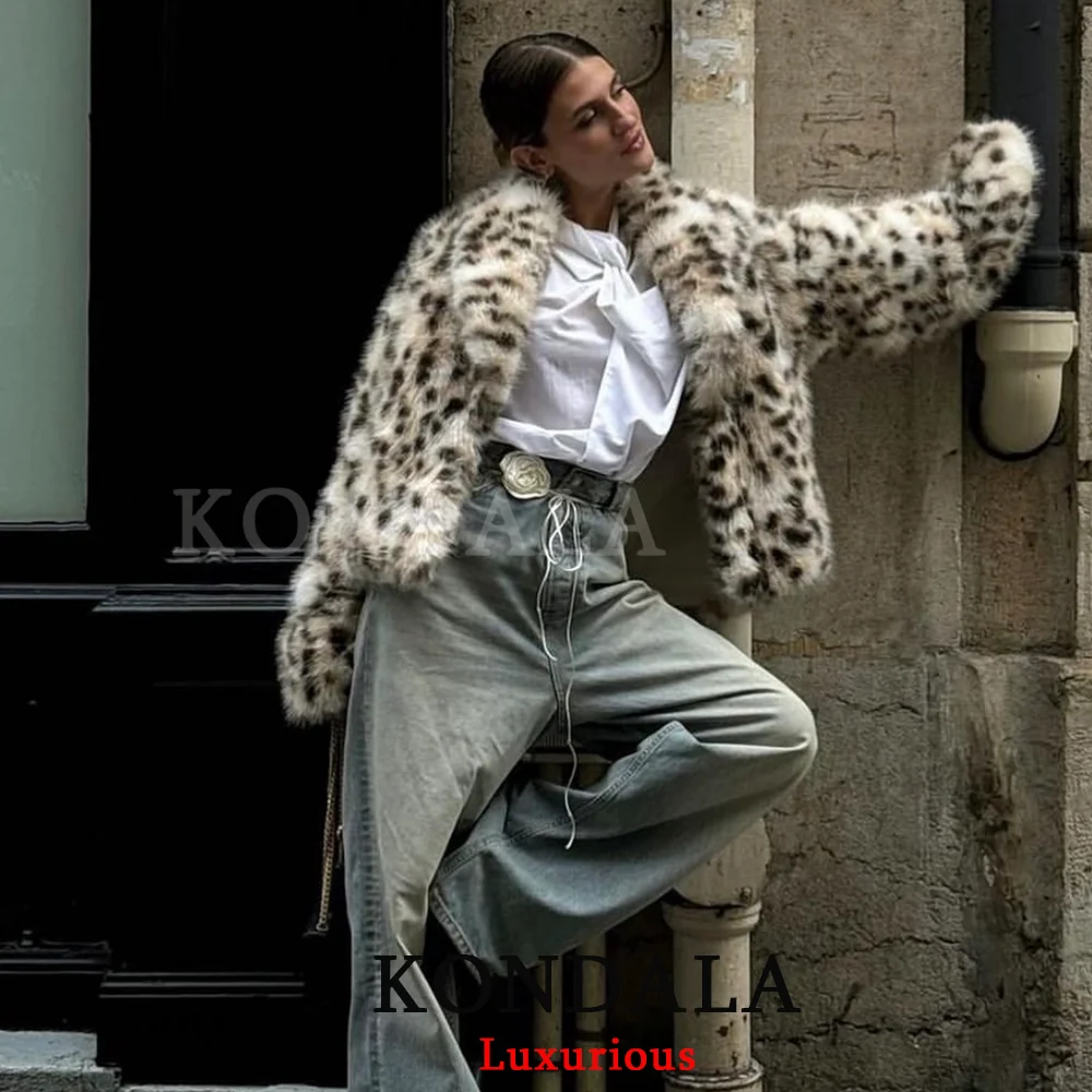 KONDALA ソフトヒョウ柄フェイクファーコート レディース 長袖 オーバーサイズコート ファッション 2025 秋冬 厚手 暖かい ストリートウェア アウター