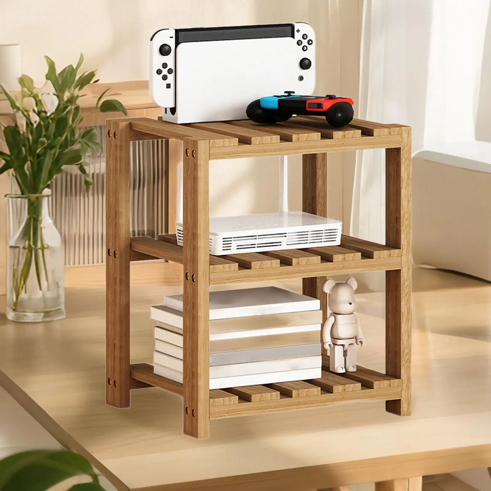 

Wooden Router Shelf Display Rack 3 Tier Stable Modern Projecting Tool Stand for TV Accessories Home Office Living Room Speakers