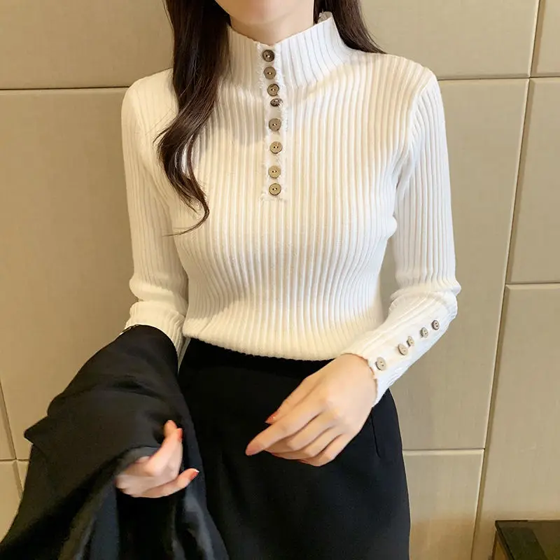 Fashion Turtleneck Button Solid Color All-match Sweater Women\'s Clothing 2022 Autumn New Casual Pullovers Loose Korean Tops