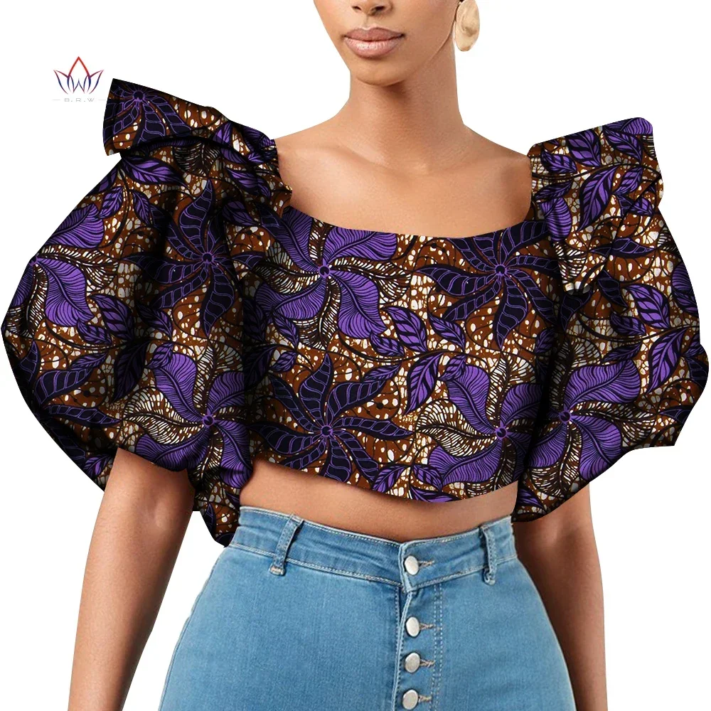 Dashiki African Shirt for Women  Riche Ankara Print Causal Shirts Tops Women African Clothing Puff Sleeve Short Shirt WY831